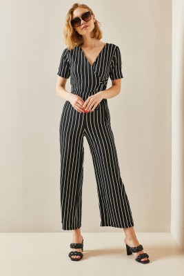 Siyah Kruvaze Yaka Çizgili Tulum 3YXK6-47315-02 - 4