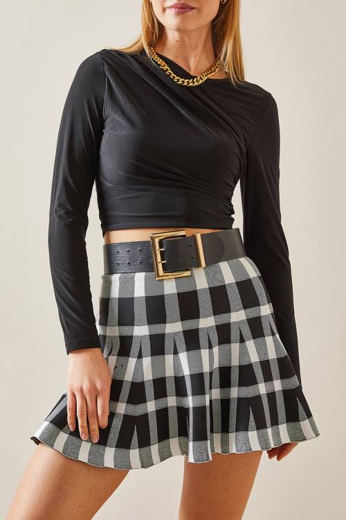 Siyah Kruvaze Yaka Drapeli Crop Bluz 4KXK2-47776-02 - 1
