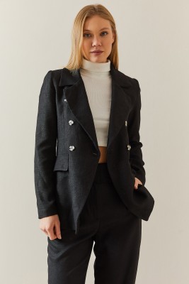 XHAN - Siyah Kruvaze Yaka Düğmeli Blazer Ceket 4KXK4-47842-02