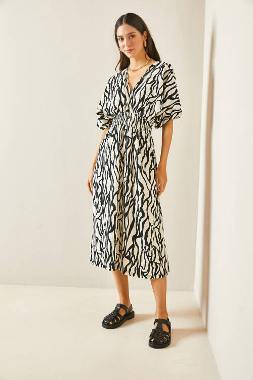 Siyah Kruvaze Yaka Zebra Desenli Dokulu Midi Elbise 5YXK6-48454-02 - 3