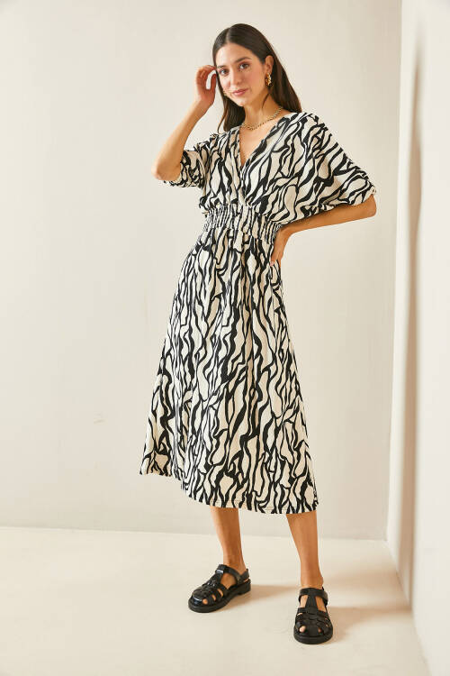Siyah Kruvaze Yaka Zebra Desenli Dokulu Midi Elbise 5YXK6-48454-02 - 4