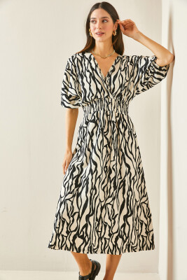 Siyah Kruvaze Yaka Zebra Desenli Dokulu Midi Elbise 5YXK6-48454-02 - 6