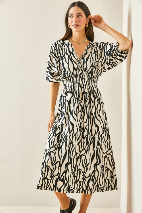 Siyah Kruvaze Yaka Zebra Desenli Dokulu Midi Elbise 5YXK6-48454-02 - 6