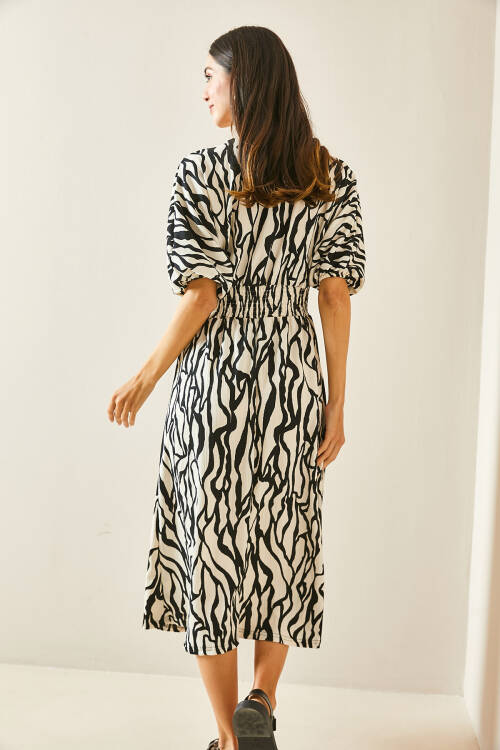 Siyah Kruvaze Yaka Zebra Desenli Dokulu Midi Elbise 5YXK6-48454-02 - 7