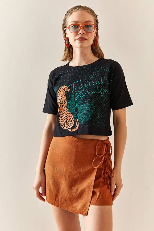 Siyah Leopar Desenli Crop Tişört 3YXK1-47319-02 - 2