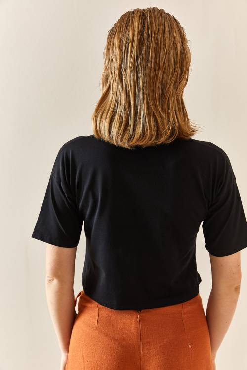 Siyah Leopar Desenli Crop Tişört 3YXK1-47319-02 - 5