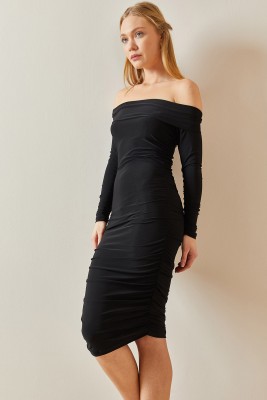 Siyah Madonna Yaka Drapeli Midi Elbise 4KXK6-47915-02 