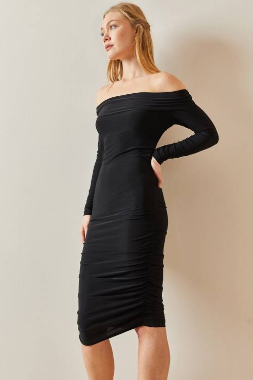 Siyah Madonna Yaka Drapeli Midi Elbise 4KXK6-47915-02 - 4