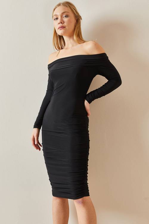 Siyah Madonna Yaka Drapeli Midi Elbise 4KXK6-47915-02 - 5