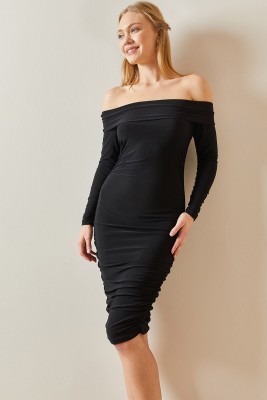 Siyah Madonna Yaka Drapeli Midi Elbise 4KXK6-47915-02 - 6