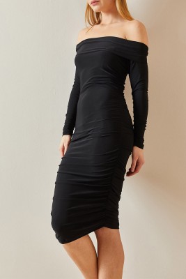 Siyah Madonna Yaka Drapeli Midi Elbise 4KXK6-47915-02 - 2