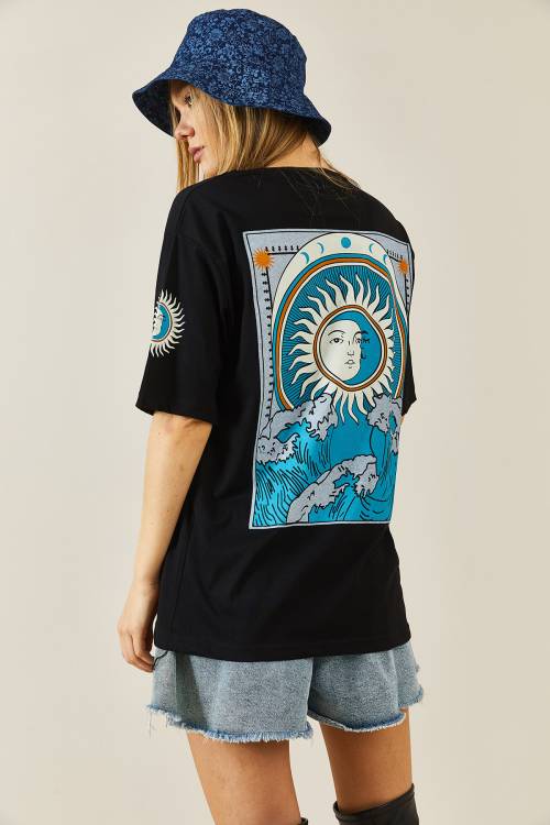 XHAN - Siyah Moon Baskılı Oversize T-Shirt 3KXK1-46857-02