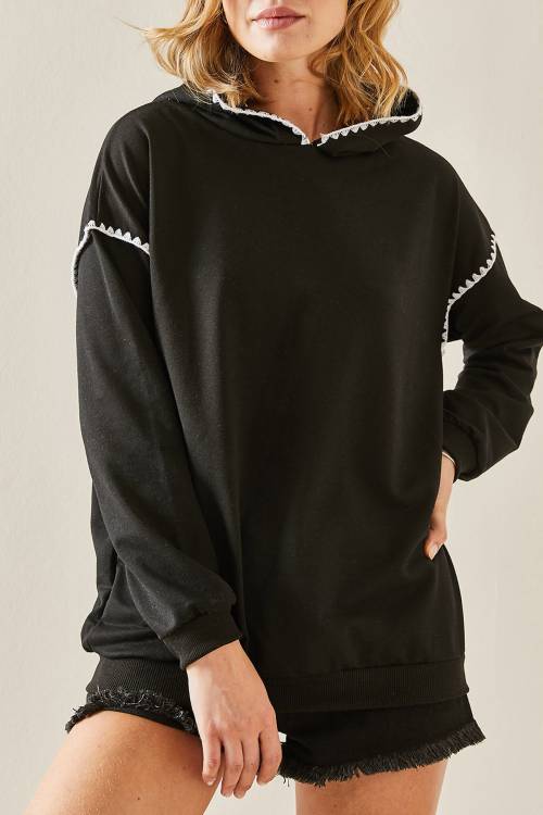 XHAN - Siyah Nakış Detaylı Kapüşonlü Sweatshirt 3YXK8-47510-02