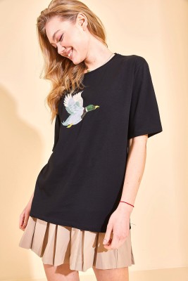Siyah Nakışlı T-Shirt 2YXK1-46220-02 - Thumbnail