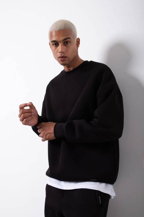 XHAN - Siyah Organik Pamuklu Şardonlu Oversize Sweatshirt 3KXE8-46416-02