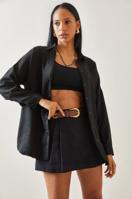 Siyah Oversize Basic Keten Gömlek 5YXK2-48269-02 - 3
