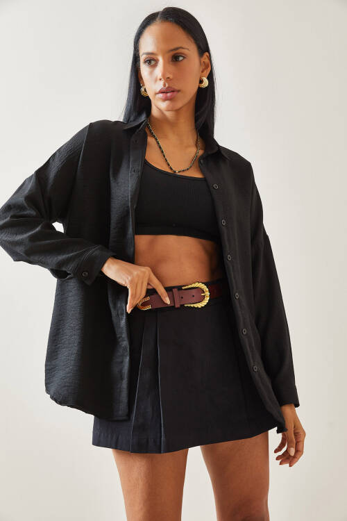 Siyah Oversize Basic Keten Gömlek 5YXK2-48269-02 - 3