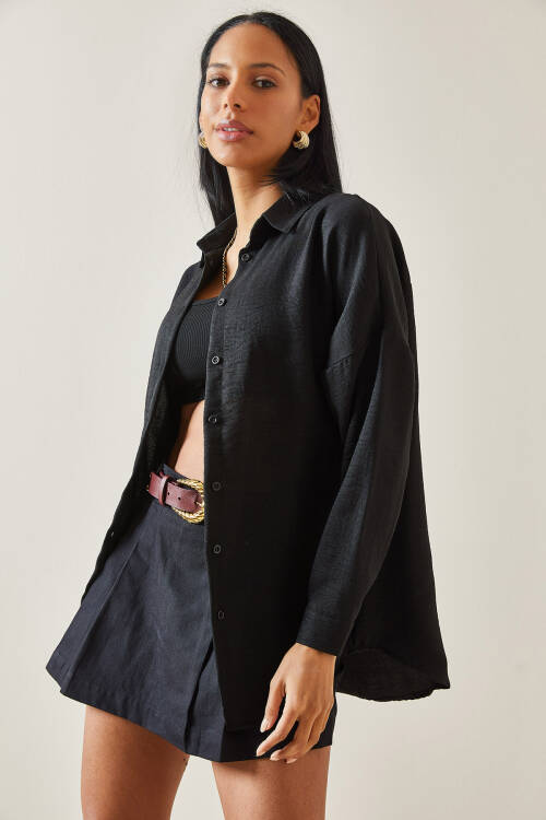 Siyah Oversize Basic Keten Gömlek 5YXK2-48269-02 - 5