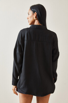 Siyah Oversize Basic Keten Gömlek 5YXK2-48269-02 - 6