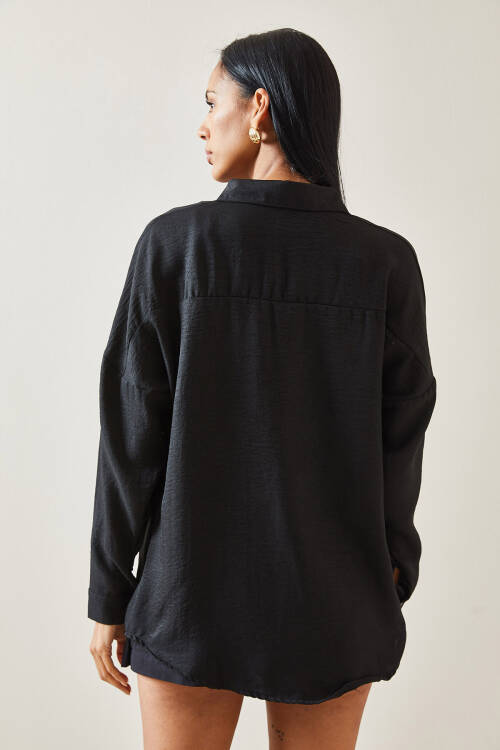 Siyah Oversize Basic Keten Gömlek 5YXK2-48269-02 - 6