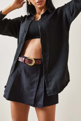 Siyah Oversize Basic Keten Gömlek 5YXK2-48269-02 
