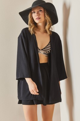 Siyah Oversize Dokulu Kimono 3YXK4-46988-02 