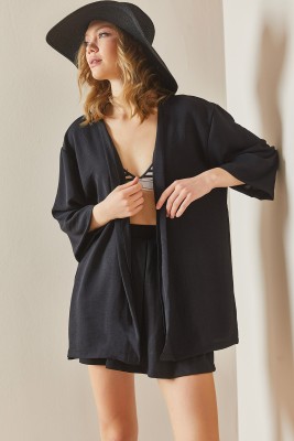 Siyah Oversize Dokulu Kimono 3YXK4-46988-02 - 2