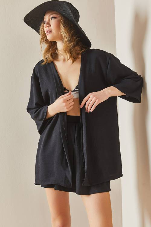 Siyah Oversize Dokulu Kimono 3YXK4-46988-02 - 2