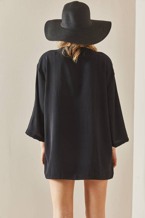 Siyah Oversize Dokulu Kimono 3YXK4-46988-02 - 6