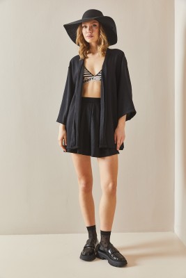 Siyah Oversize Dokulu Kimono 3YXK4-46988-02 - 7