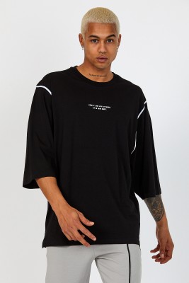 Siyah Oversize Reglan Kol Yazılı Tişört 2YXE2-46287-02 