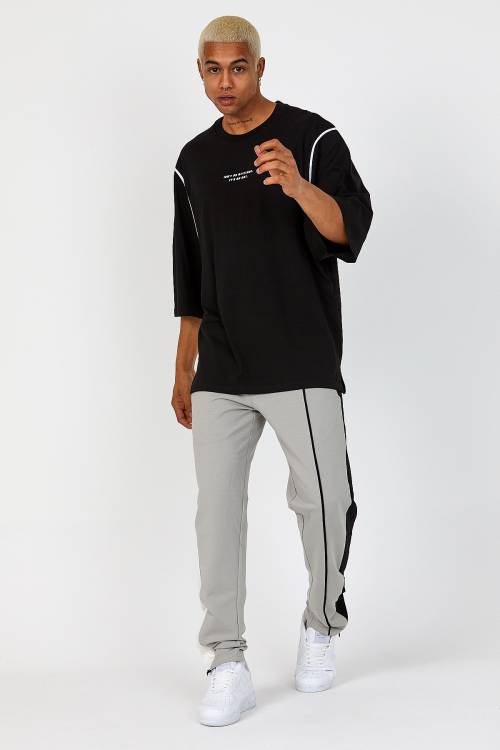 Siyah Oversize Reglan Kol Yazılı Tişört 2YXE2-46287-02 - 4