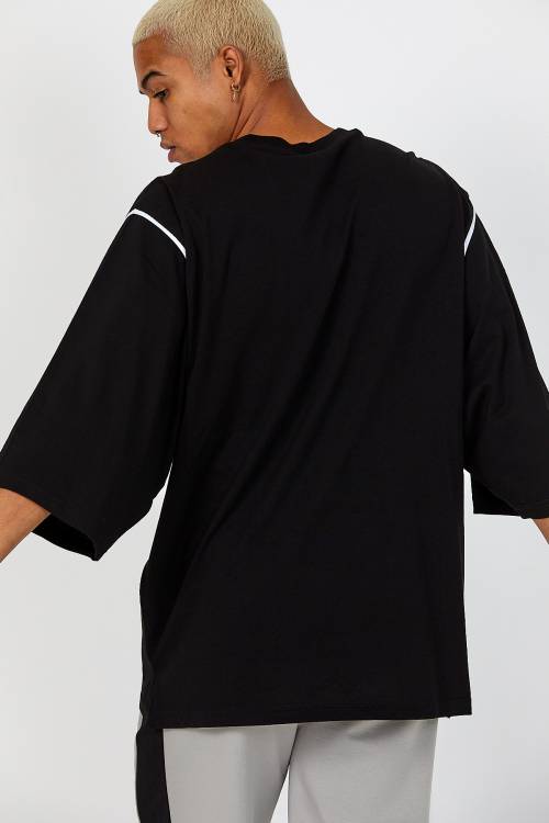 Siyah Oversize Reglan Kol Yazılı Tişört 2YXE2-46287-02 - 7