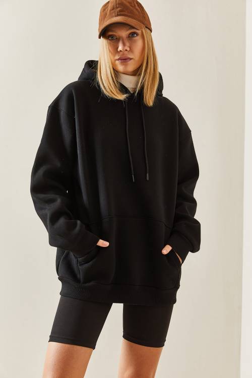 Siyah Oversize Şardonlu Kapüşonlü Sweatshirt 4KXK8-47742-02 - 2