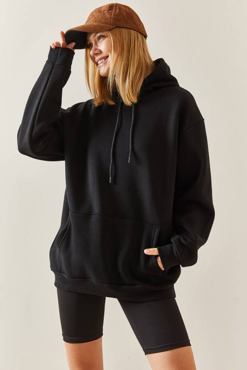 Siyah Oversize Şardonlu Kapüşonlü Sweatshirt 4KXK8-47742-02 - 4