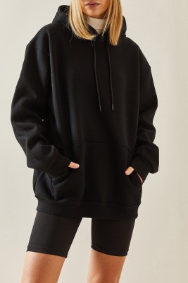 Siyah Oversize Şardonlu Kapüşonlü Sweatshirt 4KXK8-47742-02 