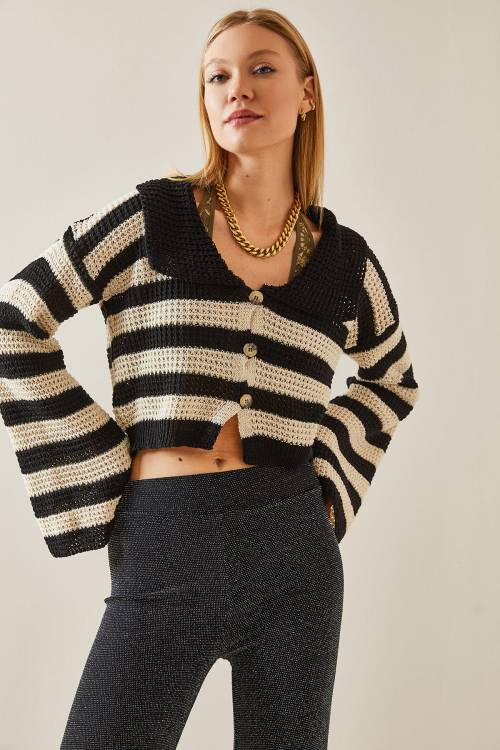Siyah Polo Yaka Çizgili Crop Kazak 4KXK3-47767-02 - 2