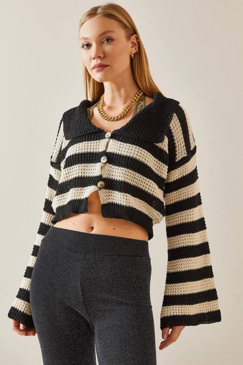 Siyah Polo Yaka Çizgili Crop Kazak 4KXK3-47767-02 - 3