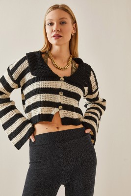 Siyah Polo Yaka Çizgili Crop Kazak 4KXK3-47767-02 - 4