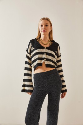 Siyah Polo Yaka Çizgili Crop Kazak 4KXK3-47767-02 - 6