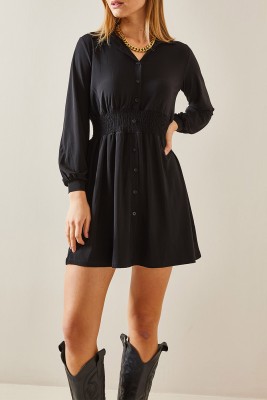 XHAN - Siyah Polo Yaka Lastik Detaylı Mini Elbise 4KXK6-47792-02