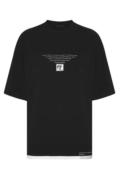 XHAN - Siyah Ribana Detaylı Oversize T-Shirt 2YXE2-45950-02