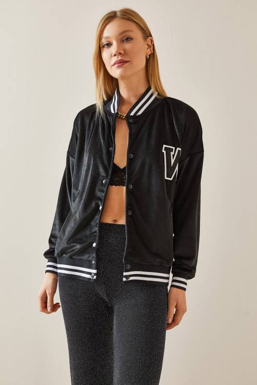 Siyah Ribanalı Kadife Bomber Ceket 4KXK4-47772-02 - 5