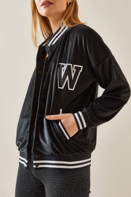 XHAN - Siyah Ribanalı Kadife Bomber Ceket 4KXK4-47772-02
