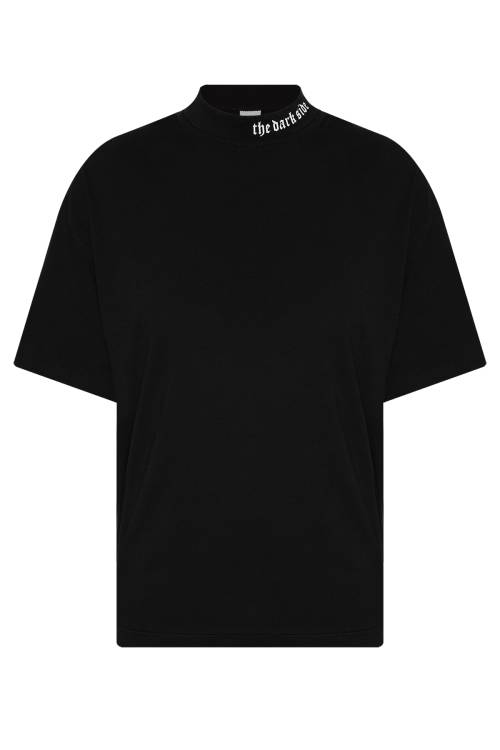 XHAN - Siyah Ribanalı & Yazı Detaylı Oversize T-Shirt 2YXE2-45987-02