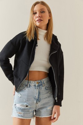 XHAN - Siyah Şardonlu Fermuarlı & Kapüşonlü Sweatshirt 4KXK8-47837-02