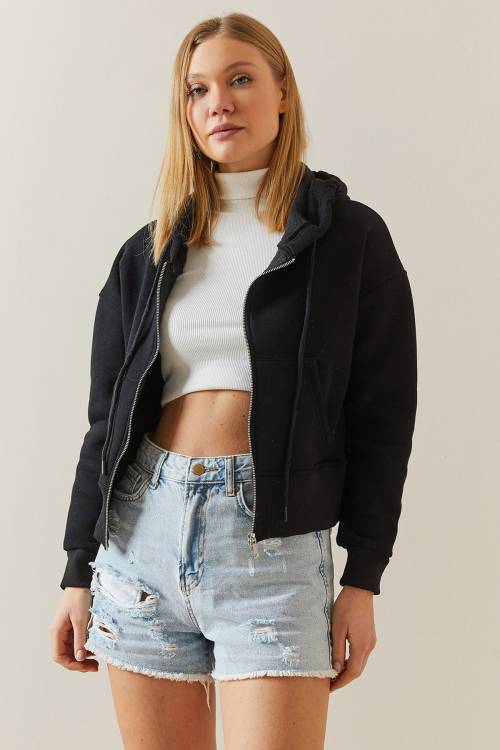 Siyah Şardonlu Fermuarlı & Kapüşonlü Sweatshirt 4KXK8-47837-02 - 3