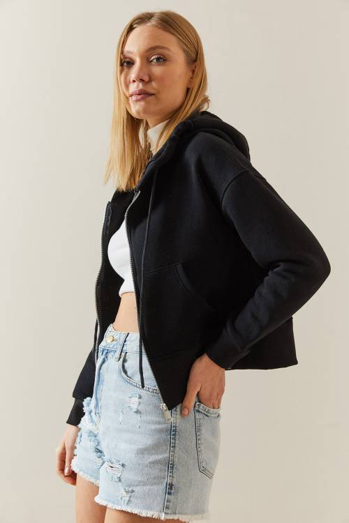 Siyah Şardonlu Fermuarlı & Kapüşonlü Sweatshirt 4KXK8-47837-02 - 4