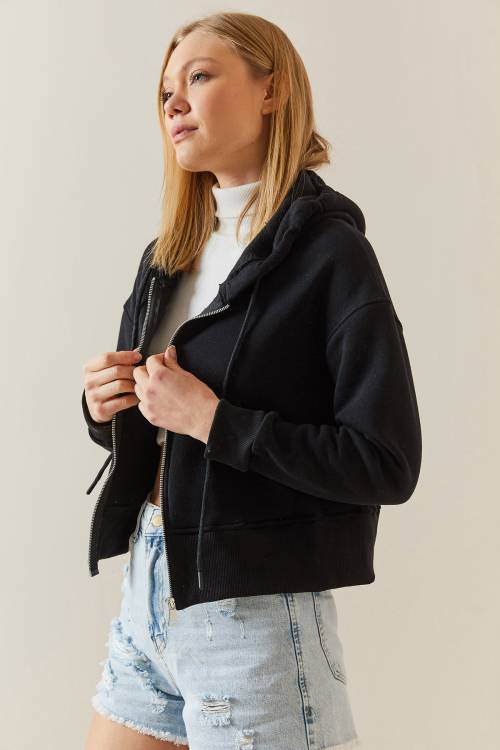 Siyah Şardonlu Fermuarlı & Kapüşonlü Sweatshirt 4KXK8-47837-02 - 5