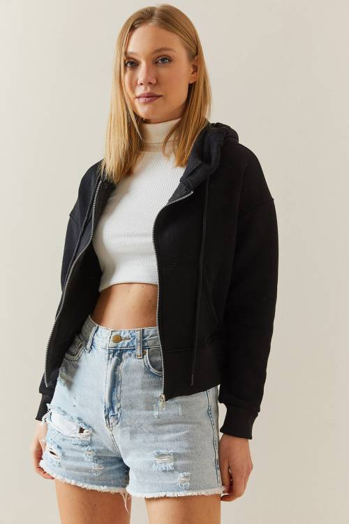 Siyah Şardonlu Fermuarlı & Kapüşonlü Sweatshirt 4KXK8-47837-02 - 6